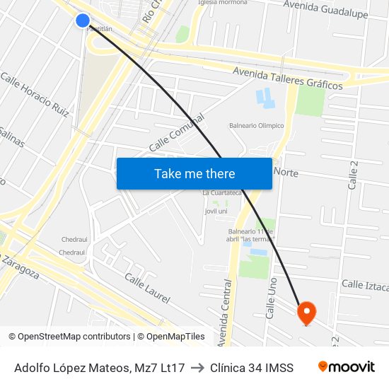 Adolfo López Mateos, Mz7 Lt17 to Clínica 34 IMSS map
