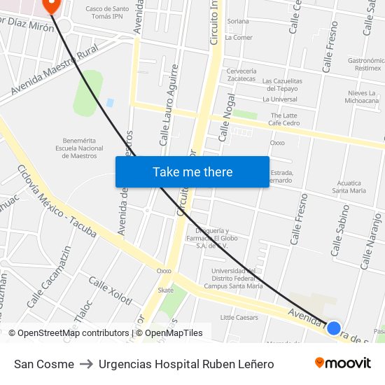 San Cosme to Urgencias Hospital Ruben Leñero map