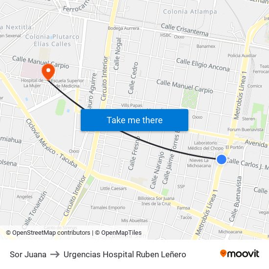 Sor Juana to Urgencias Hospital Ruben Leñero map