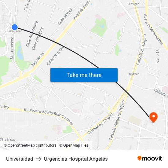 Universidad to Urgencias Hospital Angeles map