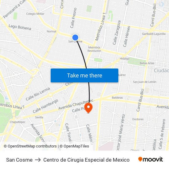 San Cosme to Centro de Cirugia Especial de Mexico map