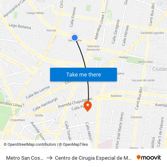 Metro San Cosme to Centro de Cirugia Especial de Mexico map