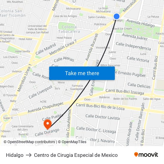 Hidalgo to Centro de Cirugia Especial de Mexico map