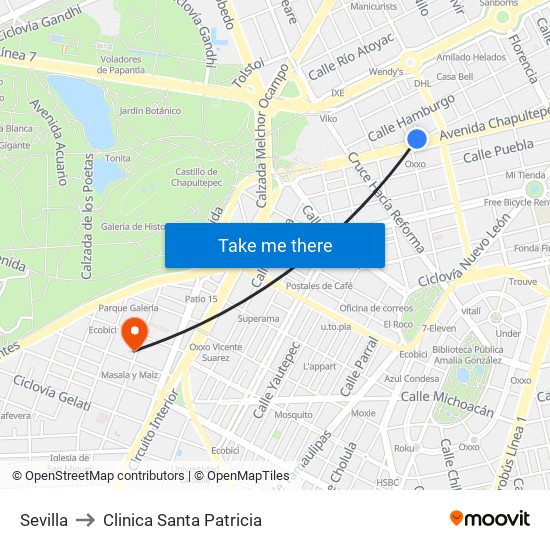 Sevilla to Clinica Santa Patricia map
