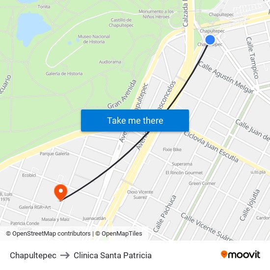 Chapultepec to Clinica Santa Patricia map