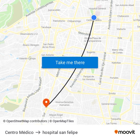 Centro Médico to hospital san felipe map