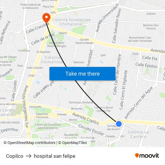 Copilco to hospital san felipe map