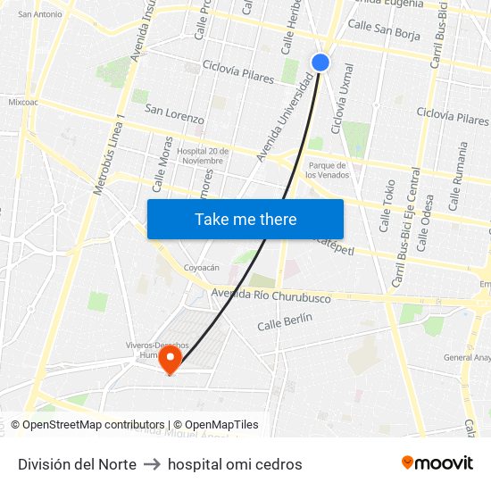 División del Norte to hospital omi cedros map