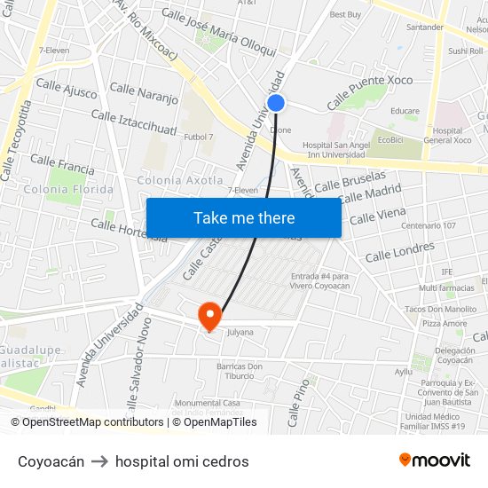 Coyoacán to hospital omi cedros map