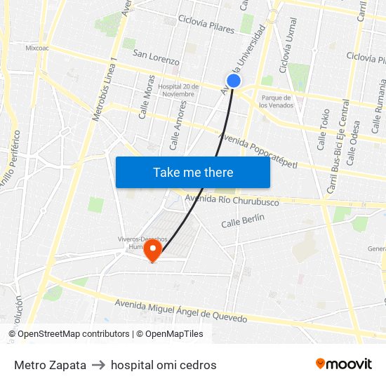 Metro Zapata to hospital omi cedros map