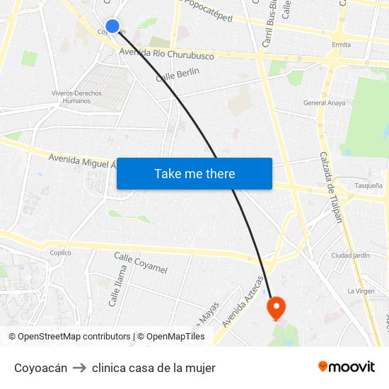 Coyoacán to clinica casa de la mujer map