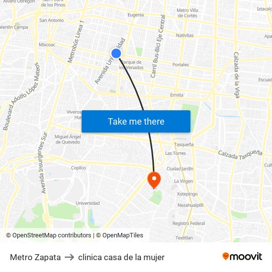 Metro Zapata to clinica casa de la mujer map