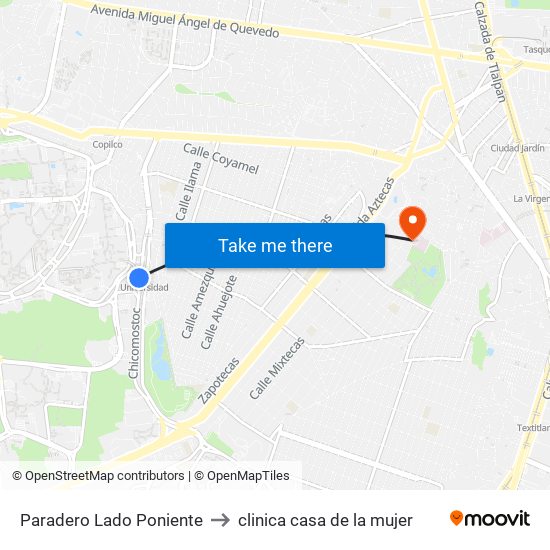 Paradero Lado Poniente to clinica casa de la mujer map