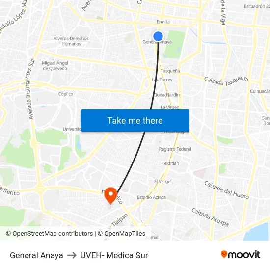 General Anaya to UVEH- Medica Sur map