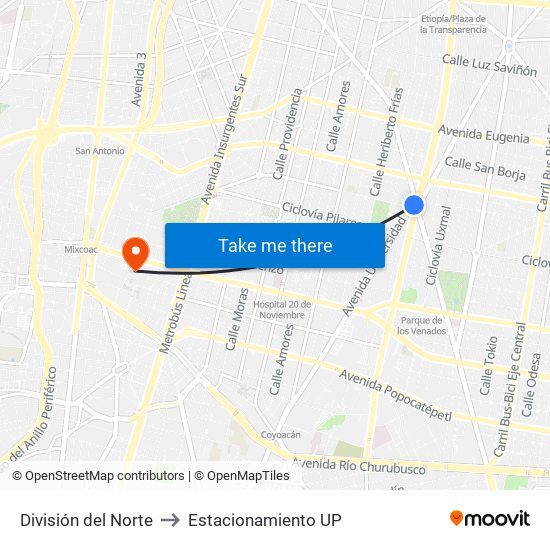 División del Norte to Estacionamiento UP map