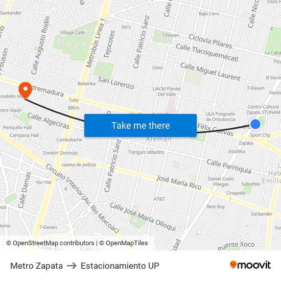 Metro Zapata to Estacionamiento UP map