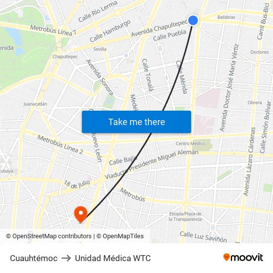 Cuauhtémoc to Unidad Médica WTC map
