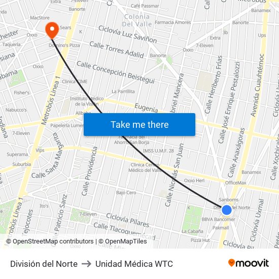 División del Norte to Unidad Médica WTC map