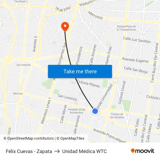 Félix Cuevas - Zapata to Unidad Médica WTC map