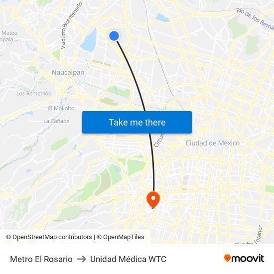 Metro El Rosario to Unidad Médica WTC map