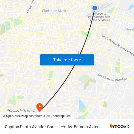 Capitan Piloto Aviador Carlos León - Aeropuerto Civil to Av. Estadio Azteca - Del Estadio Azteca map