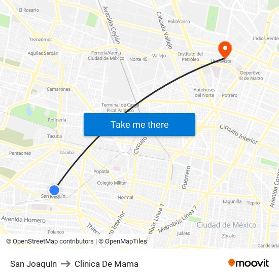 San Joaquín to Clinica De Mama map