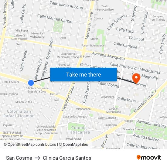 San Cosme to Clinica Garcia Santos map