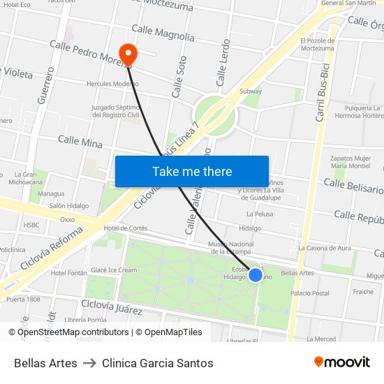 Bellas Artes to Clinica Garcia Santos map