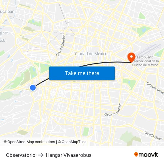 Observatorio to Hangar Vivaaerobus map