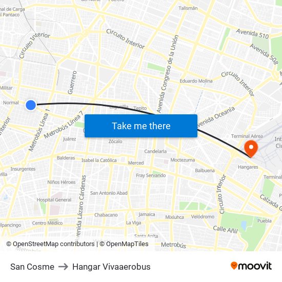 San Cosme to Hangar Vivaaerobus map