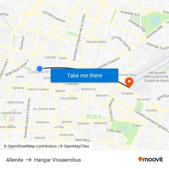Allende to Hangar Vivaaerobus map