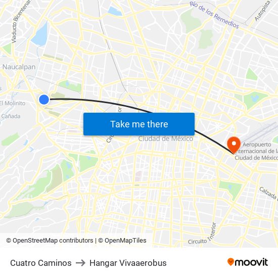 Cuatro Caminos to Hangar Vivaaerobus map