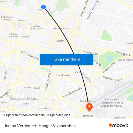 Indios Verdes to Hangar Vivaaerobus map