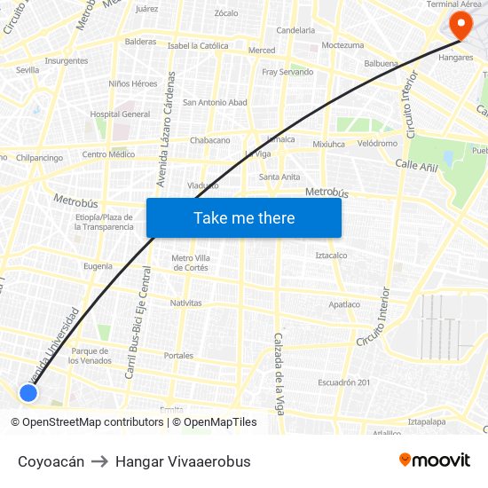Coyoacán to Hangar Vivaaerobus map