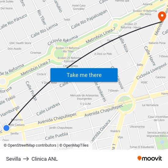 Sevilla to Clinica ANL map