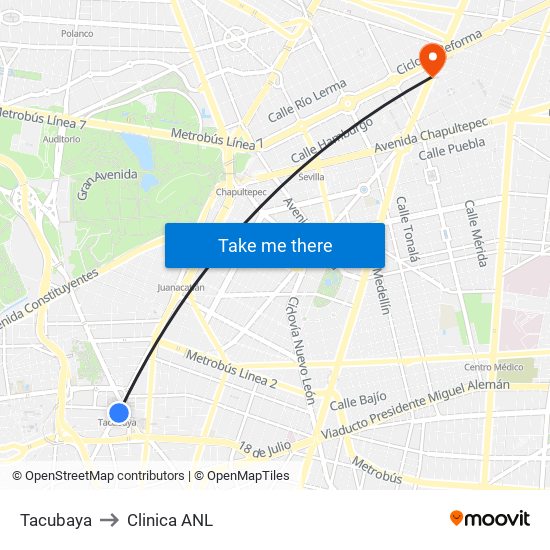 Tacubaya to Clinica ANL map