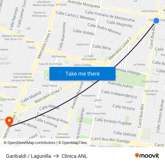 Garibaldi / Lagunilla to Clinica ANL map