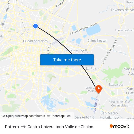 Potrero to Centro Universitario Valle de Chalco map