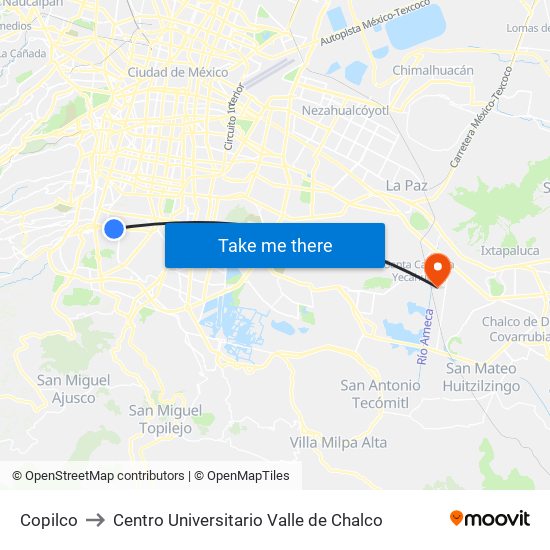 Copilco to Centro Universitario Valle de Chalco map