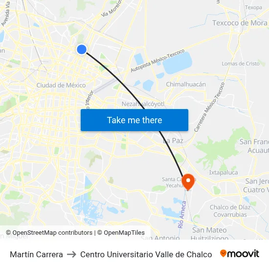 Martín Carrera to Centro Universitario Valle de Chalco map