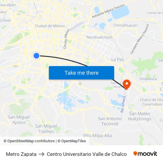 Metro Zapata to Centro Universitario Valle de Chalco map