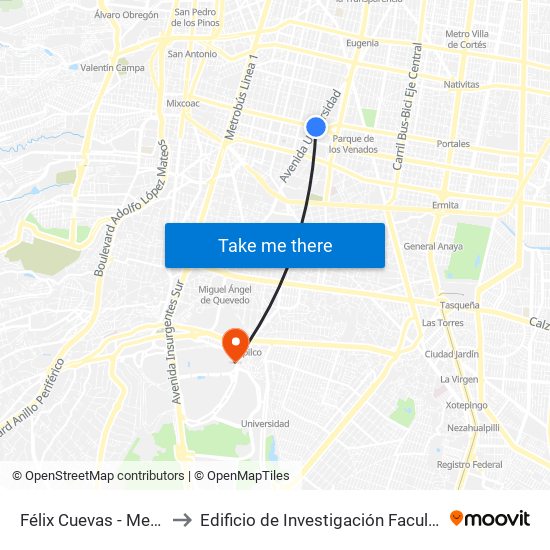 Félix Cuevas - Metro Zapata to Edificio de Investigación Facultad de Medicina map
