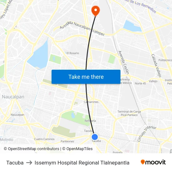 Tacuba to Issemym Hospital Regional Tlalnepantla map