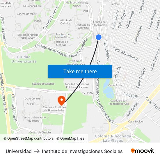 Universidad to Instituto de Investigaciones Sociales map