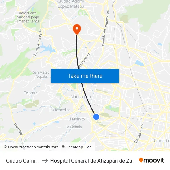 Cuatro Caminos to Hospital General de Atizapán de Zaragoza map