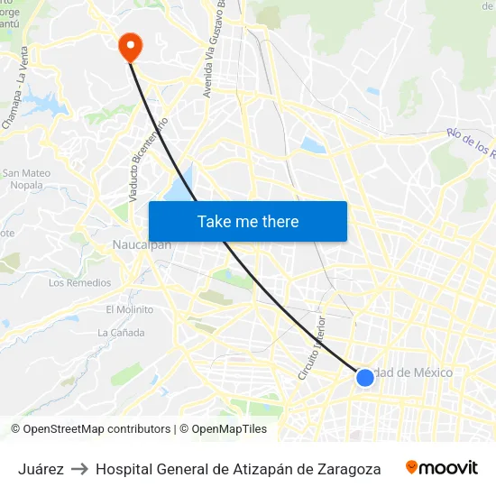 Juárez to Hospital General de Atizapán de Zaragoza map