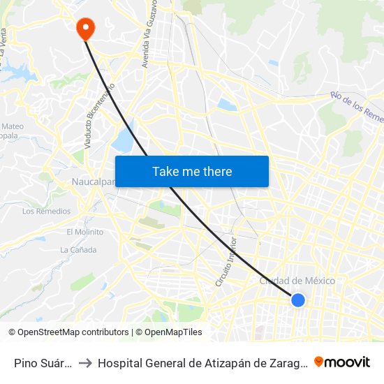 Pino Suárez to Hospital General de Atizapán de Zaragoza map