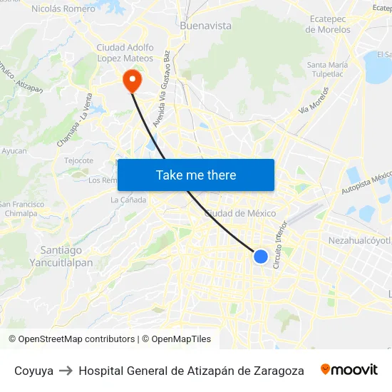 Coyuya to Hospital General de Atizapán de Zaragoza map