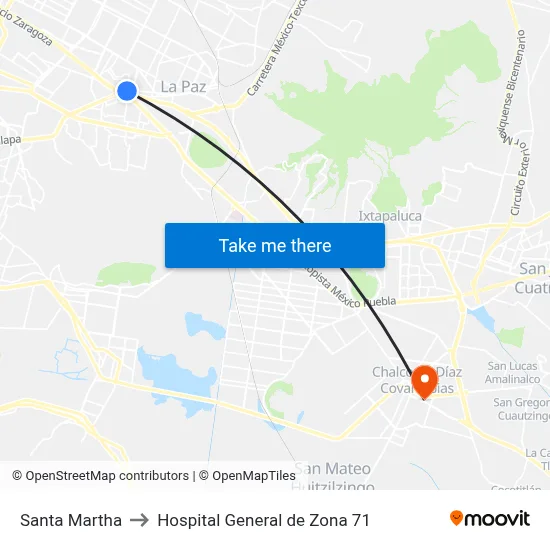 Santa Martha to Hospital General de Zona 71 map