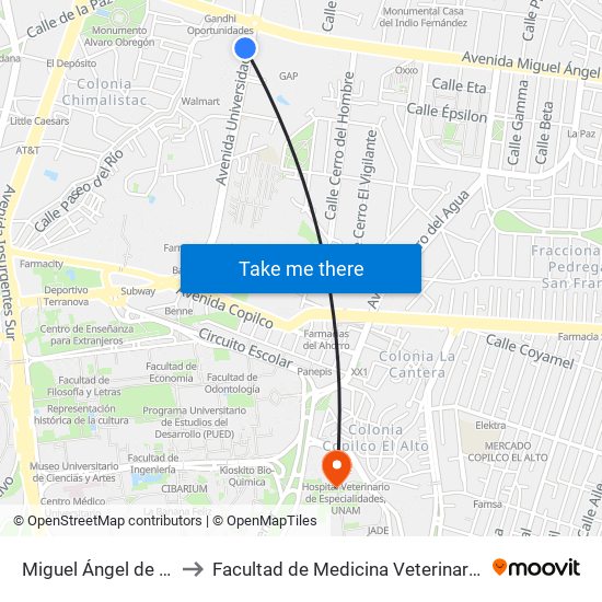 Miguel Ángel de Quevedo to Facultad de Medicina Veterinaria Y Zootécnia map